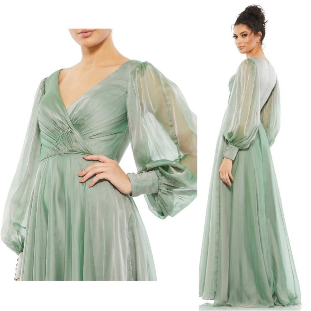 Mac Duggal 67873 Sage Sheer Blouson Sleeve Surplice Gown 12 NEW $398